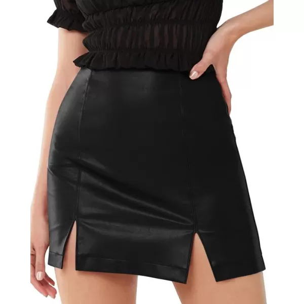 MANGOPOP Womens Basic High Waist Faux Leather Bodycon Mini Pencil SkirtA Black Slits