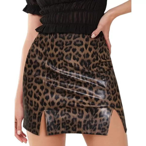 MANGOPOP Womens Basic High Waist Faux Leather Bodycon Mini Pencil SkirtBrown Leopard Slits