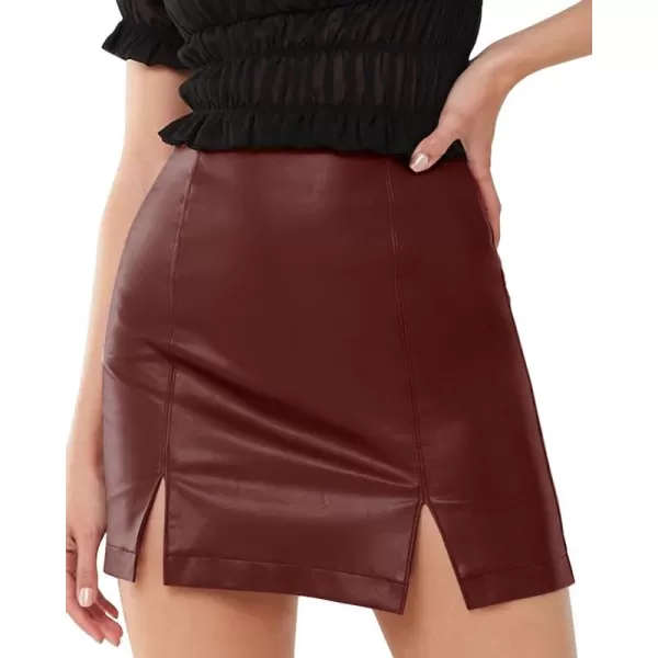 MANGOPOP Womens Basic High Waist Faux Leather Bodycon Mini Pencil SkirtWine Red