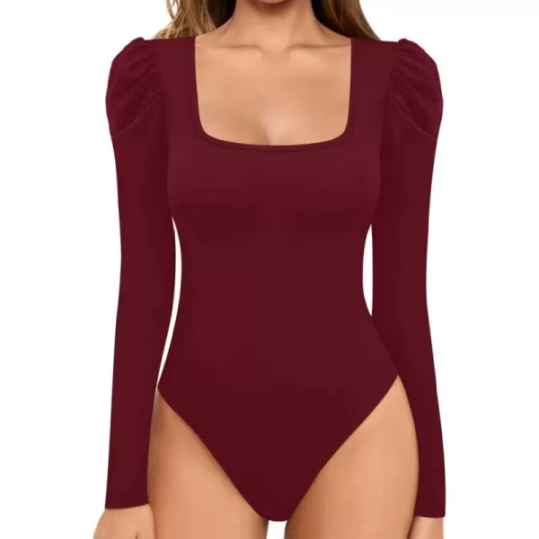 MANGOPOP Womens Bodysuit Puff Sleeve Square Neck Body suit for Women Long Sleeve Bodysuits Shirts Elegant T ShirtLong Sleeve Burgundy