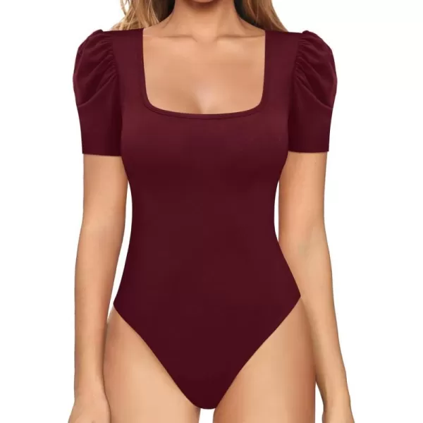 MANGOPOP Womens Bodysuit Puff Sleeve Square Neck Body suit for Women Long Sleeve Bodysuits Shirts Elegant T ShirtShort Sleeve Burgundy