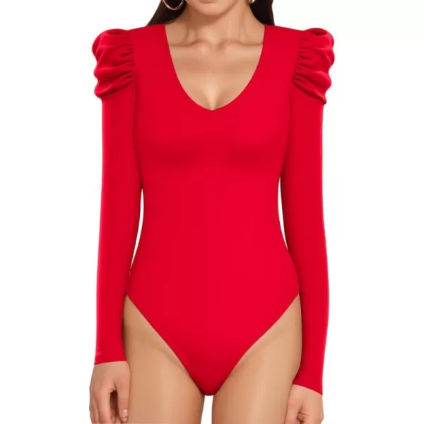 MANGOPOP Womens Bodysuit Puff Sleeve V Neck Body Suits Long Sleeve for Women Tops Elegant CasualLong Sleeve Red