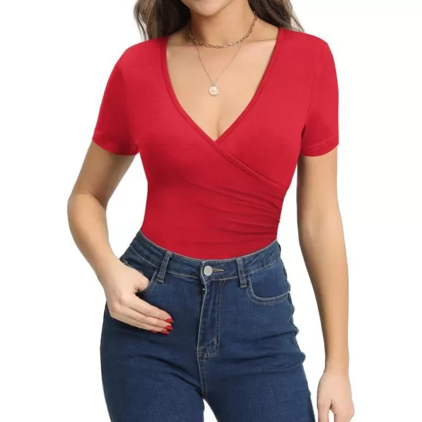 MANGOPOP Womens Cross Wrap Plunge Sexy Deep V Neck Long Sleeve Short Sleeve T Shirt Tops Tee Casual for Going OutShort Sleeve Red