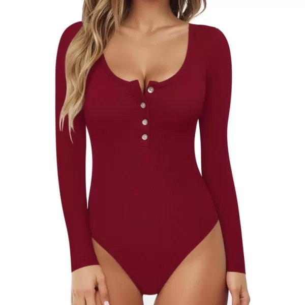 MANGOPOP Womens Henley Shirt Scoop Neck Button Down Ribbed Sleeveless Tank Top Long Sleeve Short Sleeve BodysuitsLong Sleeve Burgundy