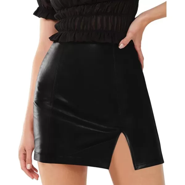 MANGOPOP Womens High Waist Bodycon Mini Short Faux Leather Skirt with SlitA Black