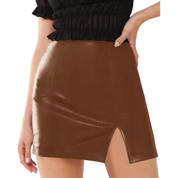 MANGOPOP Womens High Waist Bodycon Mini Short Faux Leather Skirt with SlitBrown