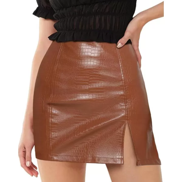 MANGOPOP Womens High Waist Bodycon Mini Short Faux Leather Skirt with SlitBrown Snakeskin