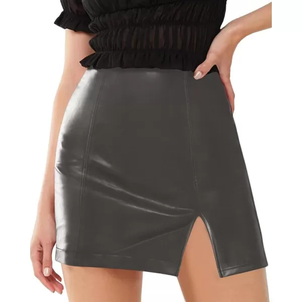 MANGOPOP Womens High Waist Bodycon Mini Short Faux Leather Skirt with SlitDark Grey