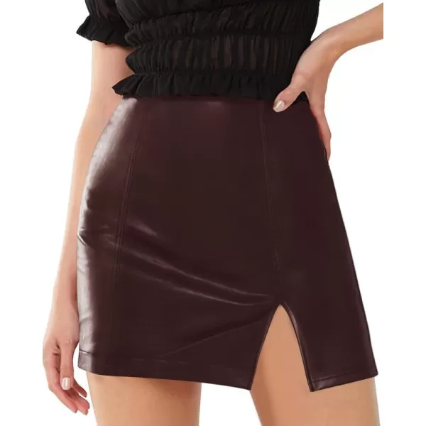 MANGOPOP Womens High Waist Bodycon Mini Short Faux Leather Skirt with SlitWine Red