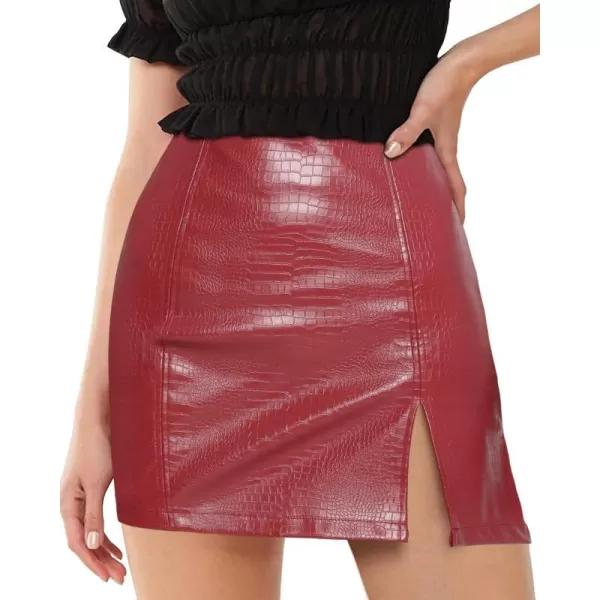 MANGOPOP Womens High Waist Bodycon Mini Short Faux Leather Skirt with SlitWine Red Snakeskin