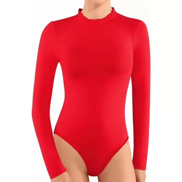 MANGOPOP Womens Long Sleeve Body Suits Womens Ruffle Crew Neck Bodysuit Tops for Women Fitted Going Out Body Suit ShirtsRed