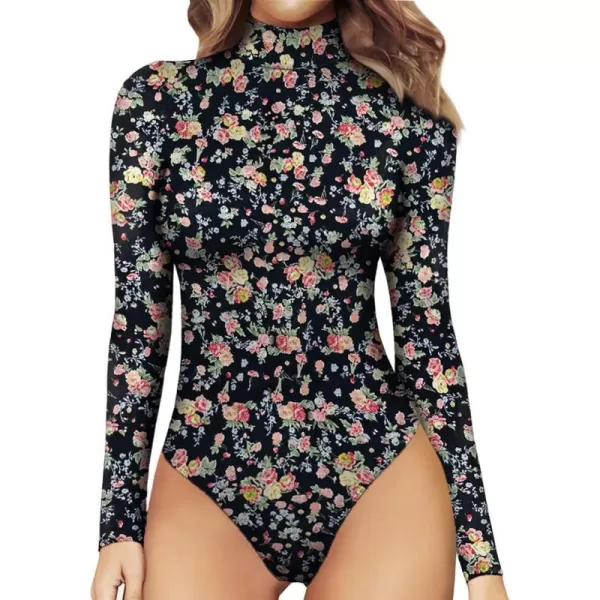 MANGOPOP Womens Mock Turtle Neck Long Sleeve Tops Bodysuit JumpsuitLong Sleeve 2flowers