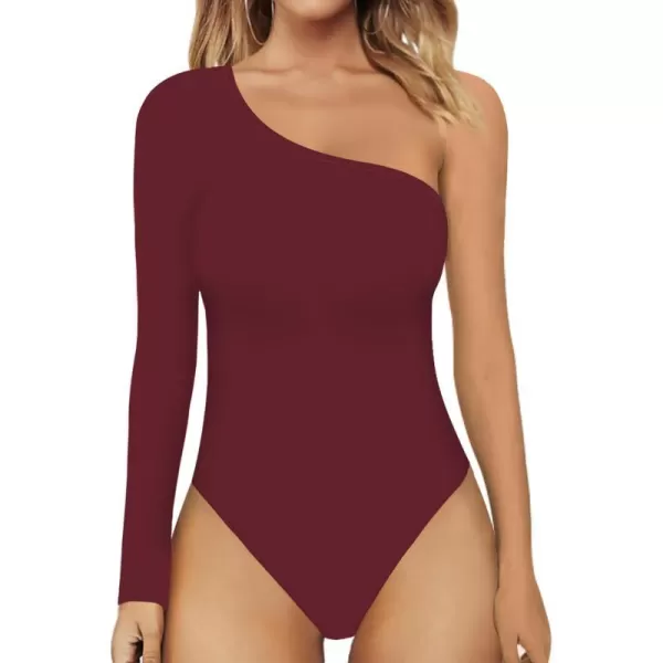 MANGOPOP Womens One Shoulder Off Sleeveless Long Sleeve Tank Top Bodysuit JumpsuitsLong Sleeve Burgundy