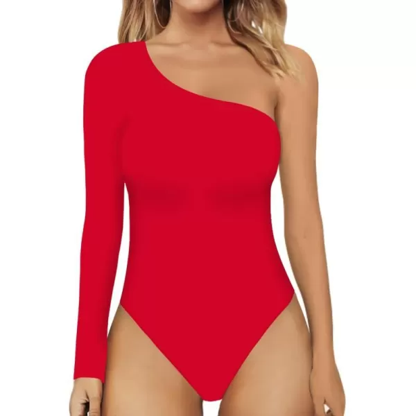 MANGOPOP Womens One Shoulder Off Sleeveless Long Sleeve Tank Top Bodysuit JumpsuitsLong Sleeve Red