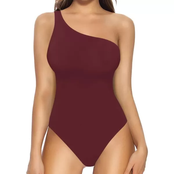 MANGOPOP Womens One Shoulder Off Sleeveless Long Sleeve Tank Top Bodysuit JumpsuitsSleeveless Burgundy