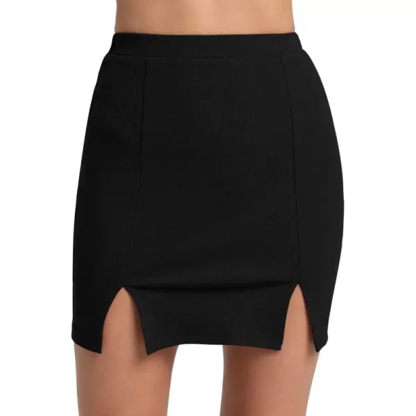 MANGOPOP Womens Ribbed Bodycon Skirt Elastic High Waist Pencil Short Mini SkirtA Blackslits