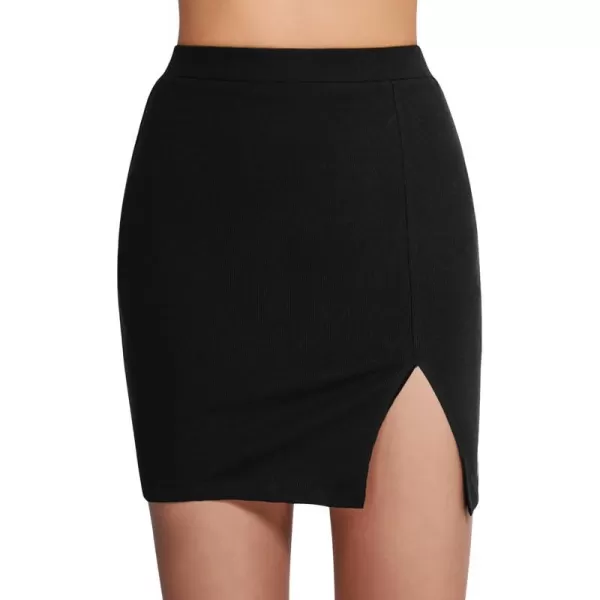 MANGOPOP Womens Ribbed Bodycon Skirt Elastic High Waist Pencil Short Mini SkirtA1 Blackslit