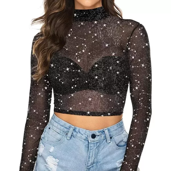 MANGOPOP Womens Short Sleeve Long Sleeve Sheer Mesh Crop Tops Tee Shirt Blouse1058s Silver Glitter