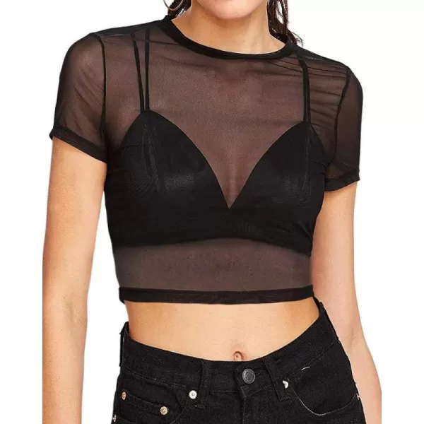 MANGOPOP Womens Short Sleeve Long Sleeve Sheer Mesh Crop Tops Tee Shirt Blouse1068 Black