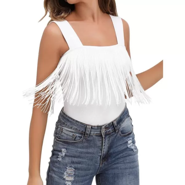 MANGOPOP Womens Square Neck Sleeveless Tank Top Bodysuits Clubwear for Going OutB Sleeveless Fringe Trim White