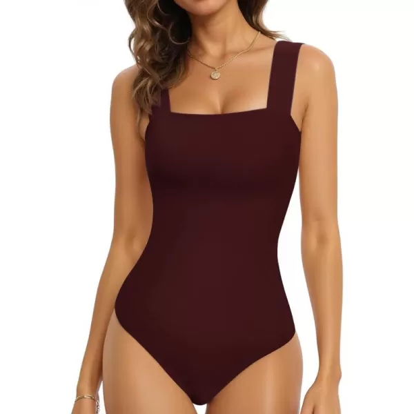 MANGOPOP Womens Square Neck Sleeveless Tank Top Bodysuits Clubwear for Going OutSleeveless Burgundy