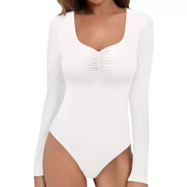 MANGOPOP Womens V Neck Half SleeveSweetheart Neckline Ruched Front Long Sleeve Bodysuit for Going OutB Long Sleeve White