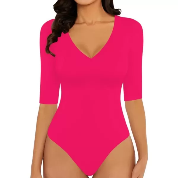 MANGOPOP Womens V Neck Half SleeveSweetheart Neckline Ruched Front Long Sleeve Bodysuit for Going OutShort Sleeve Rose Pink