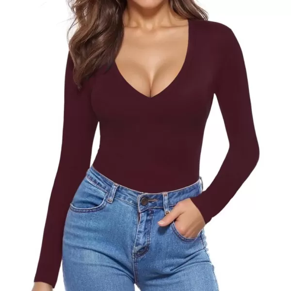 MANGOPOP Womens V Neck Short Sleeve Long Sleeve Slim Fit T Shirt Tunic Tops TeeLong Sleeve Burgundy