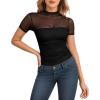 imageMANGOPOP Womens Short Sleeve Bodysuits Mock Turtle Neck Bodysuit Tops Ruched Sheer Mesh Sexy Going Out Body Suit ShirtsBlack