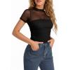 imageMANGOPOP Womens Short Sleeve Bodysuits Mock Turtle Neck Bodysuit Tops Ruched Sheer Mesh Sexy Going Out Body Suit ShirtsBlack
