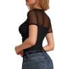 imageMANGOPOP Womens Short Sleeve Bodysuits Mock Turtle Neck Bodysuit Tops Ruched Sheer Mesh Sexy Going Out Body Suit ShirtsBlack