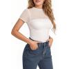 imageMANGOPOP Womens Short Sleeve Bodysuits Mock Turtle Neck Bodysuit Tops Ruched Sheer Mesh Sexy Going Out Body Suit ShirtsCreamy White
