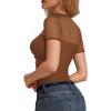 imageMANGOPOP Womens Short Sleeve Bodysuits Mock Turtle Neck Bodysuit Tops Ruched Sheer Mesh Sexy Going Out Body Suit ShirtsDark Brown