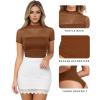 imageMANGOPOP Womens Short Sleeve Bodysuits Mock Turtle Neck Bodysuit Tops Ruched Sheer Mesh Sexy Going Out Body Suit ShirtsDark Brown