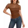 imageMANGOPOP Womens Short Sleeve Bodysuits Mock Turtle Neck Bodysuit Tops Ruched Sheer Mesh Sexy Going Out Body Suit ShirtsDark Brown