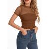 imageMANGOPOP Womens Short Sleeve Bodysuits Mock Turtle Neck Bodysuit Tops Ruched Sheer Mesh Sexy Going Out Body Suit ShirtsDark Brown