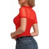 imageMANGOPOP Womens Short Sleeve Bodysuits Mock Turtle Neck Bodysuit Tops Ruched Sheer Mesh Sexy Going Out Body Suit ShirtsRed