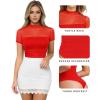 imageMANGOPOP Womens Short Sleeve Bodysuits Mock Turtle Neck Bodysuit Tops Ruched Sheer Mesh Sexy Going Out Body Suit ShirtsRed
