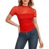 imageMANGOPOP Womens Short Sleeve Bodysuits Mock Turtle Neck Bodysuit Tops Ruched Sheer Mesh Sexy Going Out Body Suit ShirtsRed