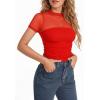 imageMANGOPOP Womens Short Sleeve Bodysuits Mock Turtle Neck Bodysuit Tops Ruched Sheer Mesh Sexy Going Out Body Suit ShirtsRed