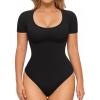 imageMANGOPOP Shapewear Bodysuits for Women Tummy Control Scoop Neck Short Sleeve Seamless Thong Compression body shaper TopsBlack