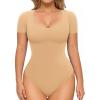 imageMANGOPOP Shapewear Bodysuits for Women Tummy Control Scoop Neck Short Sleeve Seamless Thong Compression body shaper TopsFlesh
