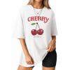 imageMANGOPOP Womens Oversized T Shirts Short Sleeve Crewneck Loose Fit Tops Summer Basic TeeWhite Cherry