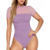 imageMANGOPOP Womens Short Sleeve Bodysuits Mock Turtle Neck Bodysuit Tops Ruched Sheer Mesh Sexy Going Out Body Suit ShirtsLight Purple