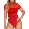 imageMANGOPOP Womens Short Sleeve Bodysuits Mock Turtle Neck Bodysuit Tops Ruched Sheer Mesh Sexy Going Out Body Suit ShirtsRed