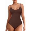 imageMANGOPOP Womens Tummy Control Thong Bodysuit Shapewear Spaghetti Strap Cami Body Suit Compression Body Shaper Tank TopsCoffee
