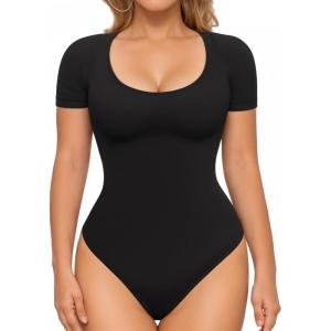 imageMANGOPOP Shapewear Bodysuits for Women Tummy Control Scoop Neck Short Sleeve Seamless Thong Compression body shaper TopsBlack