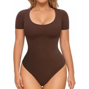 imageMANGOPOP Shapewear Bodysuits for Women Tummy Control Scoop Neck Short Sleeve Seamless Thong Compression body shaper TopsCoffe