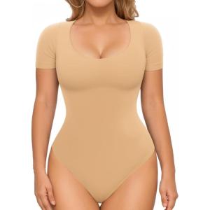 imageMANGOPOP Shapewear Bodysuits for Women Tummy Control Scoop Neck Short Sleeve Seamless Thong Compression body shaper TopsFlesh