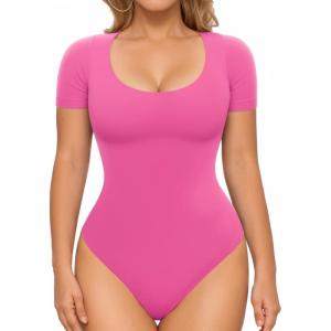 imageMANGOPOP Shapewear Bodysuits for Women Tummy Control Scoop Neck Short Sleeve Seamless Thong Compression body shaper TopsPink